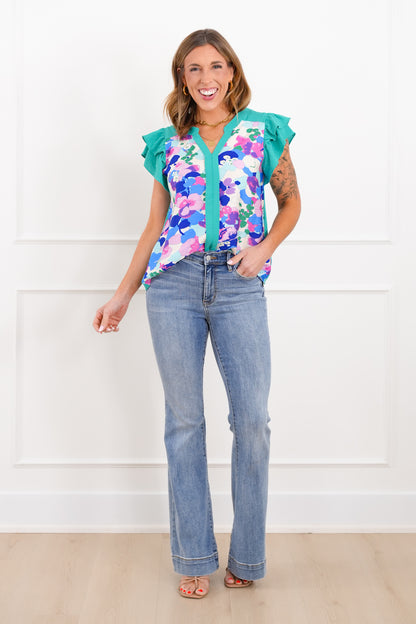 Floral Printed Short Sleeve V Neck Top