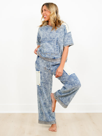POL Mineral Wash Elastic Waist Pants with Ribbed Patch Pockets - Freckled Poppy