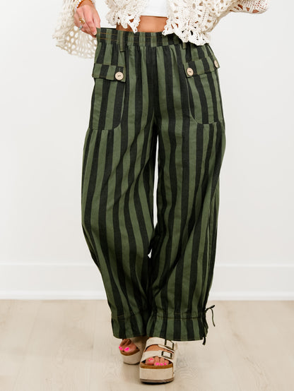 Plus/Reg Striped Elastic Waist Wide Leg Pants With Tiered Panels