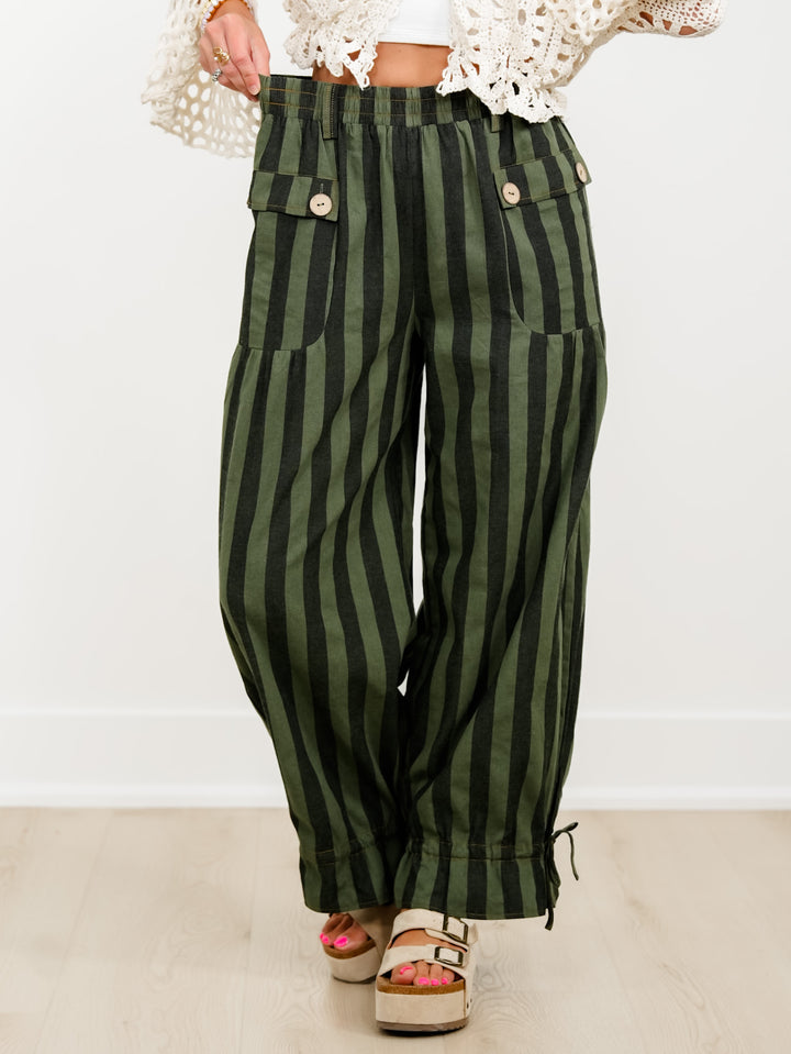 Plus/Reg Striped Elastic Waist Wide Leg Pants With Tiered Panels