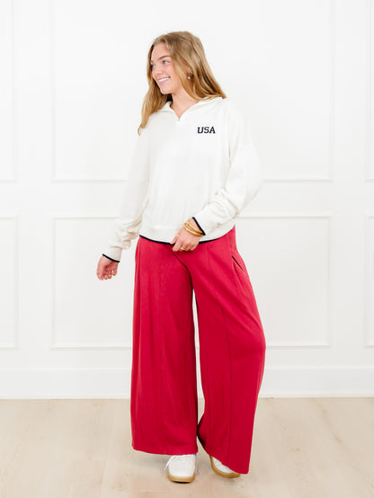 Knit Long Sleeve "USA" Quarter Zip Up Sweater