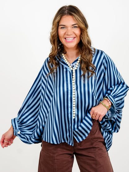 Stripe Long Dolman Sleeve Button Down Hi-Lo Top