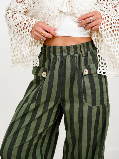 Plus/Reg Striped Elastic Waist Wide Leg Pants With Tiered Panels