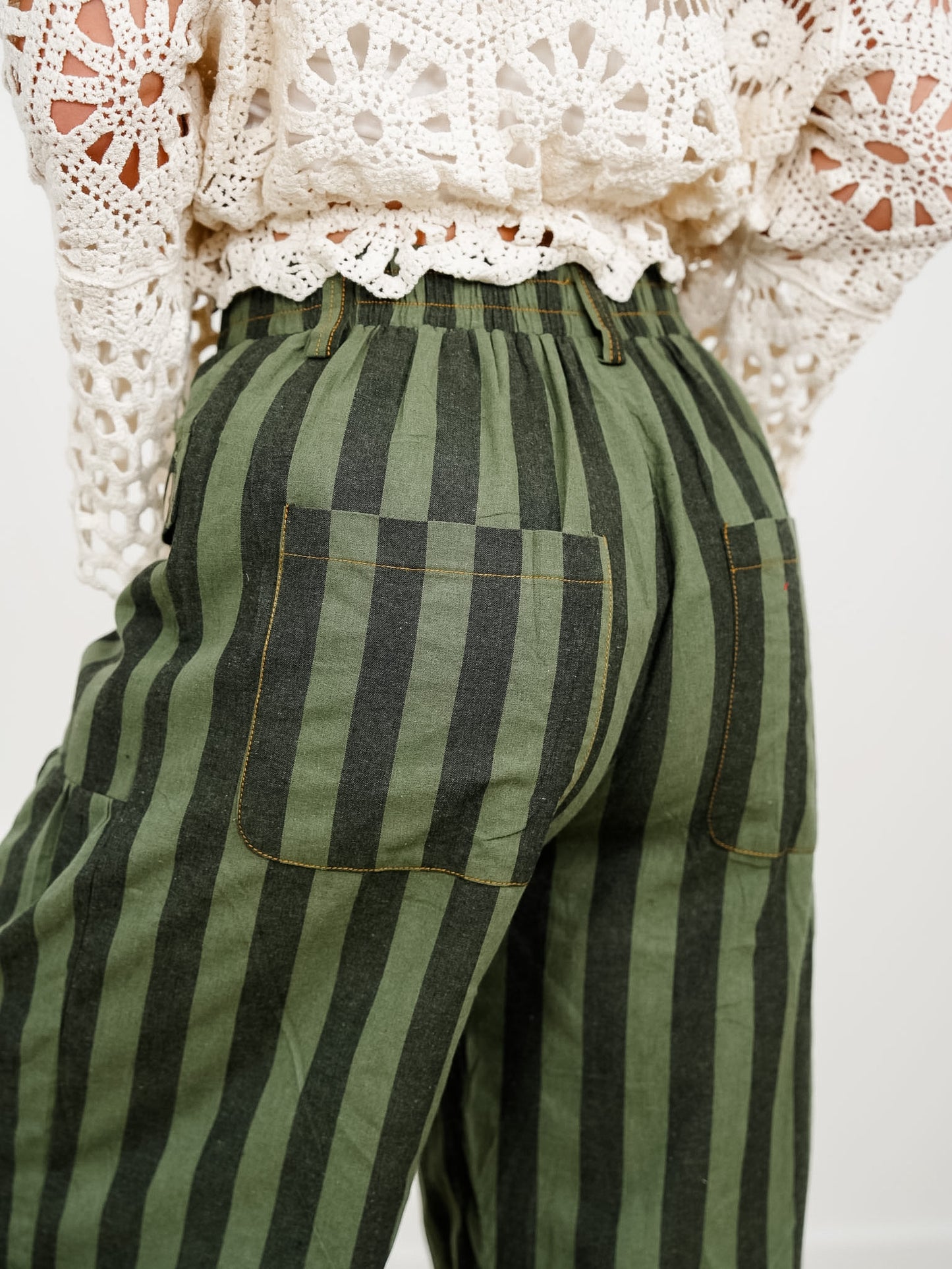Plus/Reg Striped Elastic Waist Wide Leg Pants With Tiered Panels