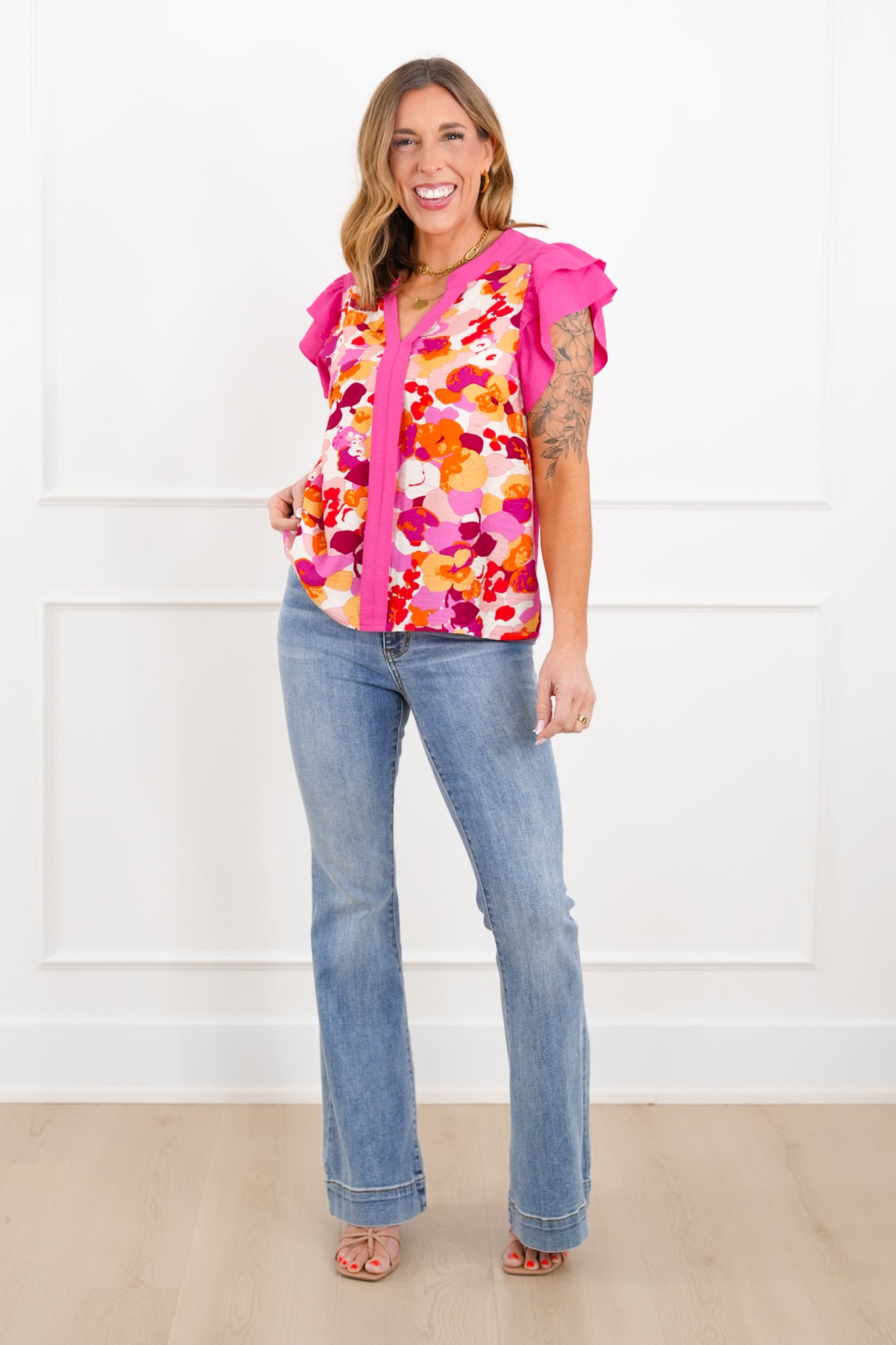Floral Printed Short Sleeve V Neck Top