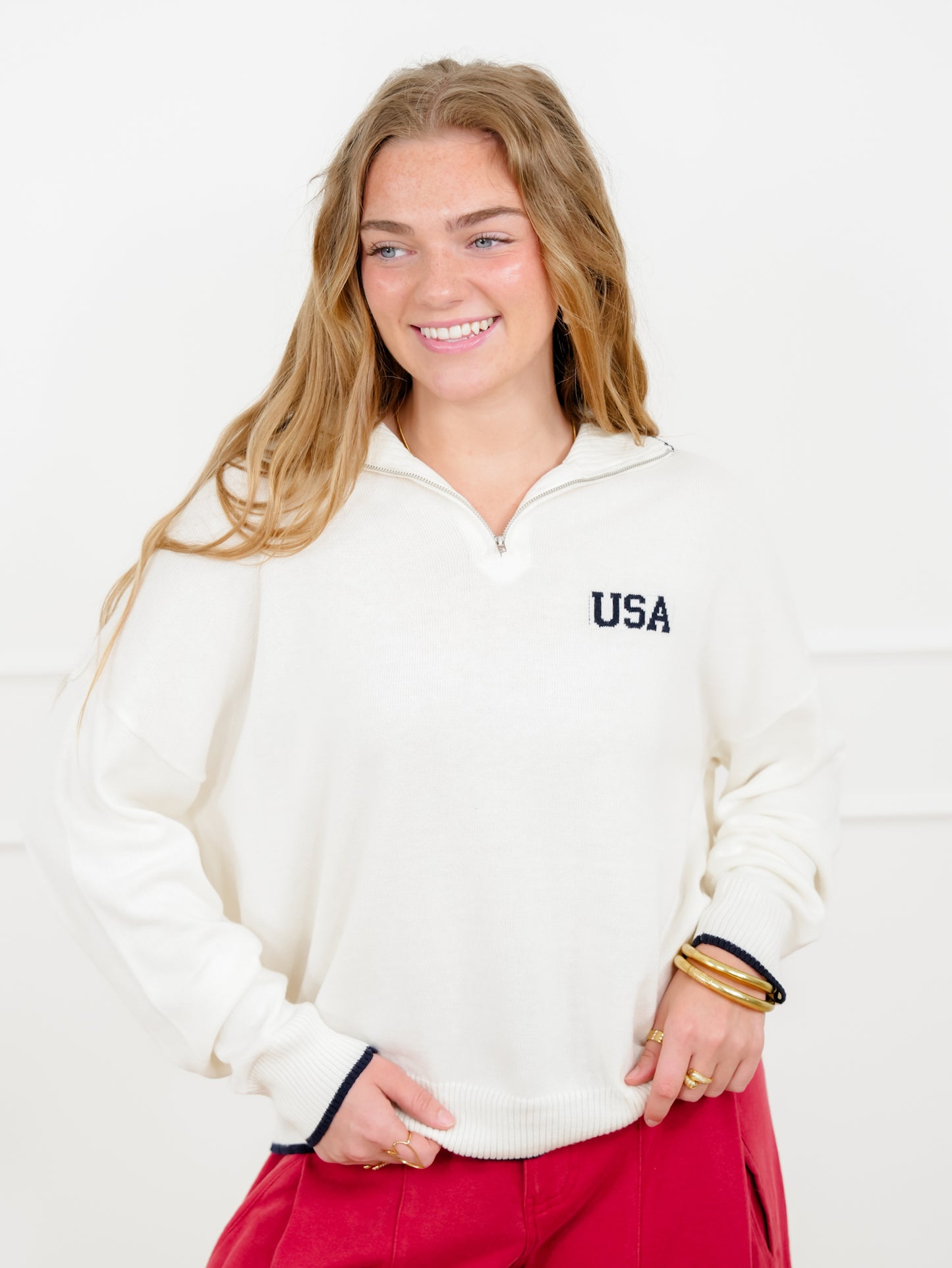 Knit Long Sleeve "USA" Quarter Zip Up Sweater