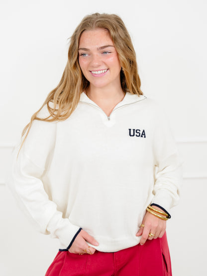 Knit Long Sleeve "USA" Quarter Zip Up Sweater