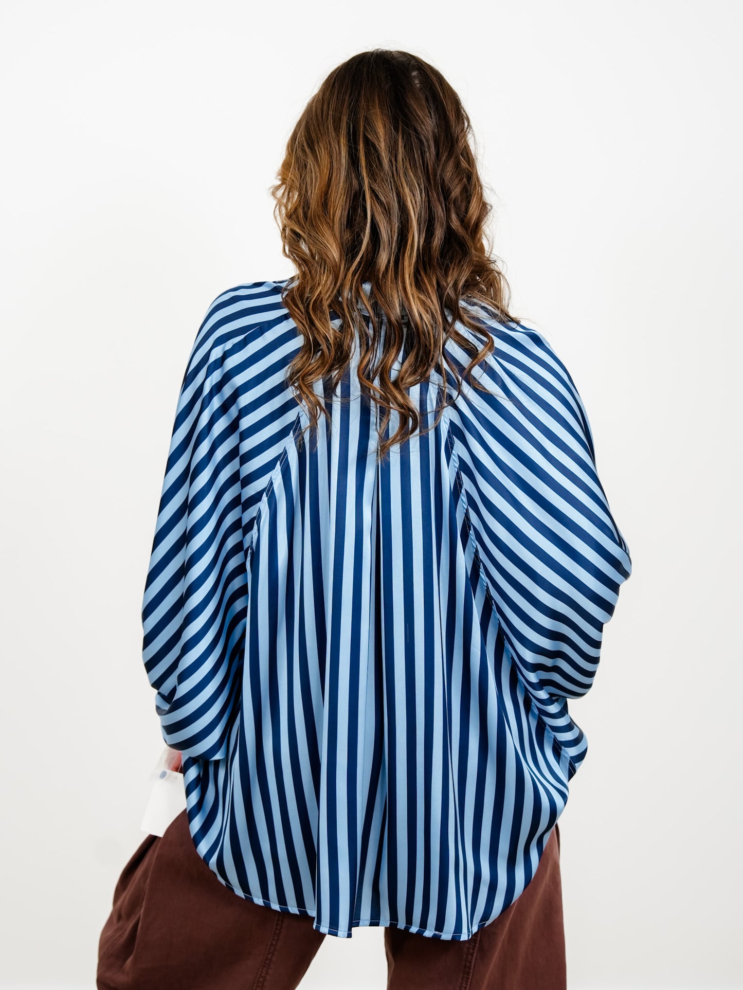 Stripe Long Dolman Sleeve Button Down Hi-Lo Top