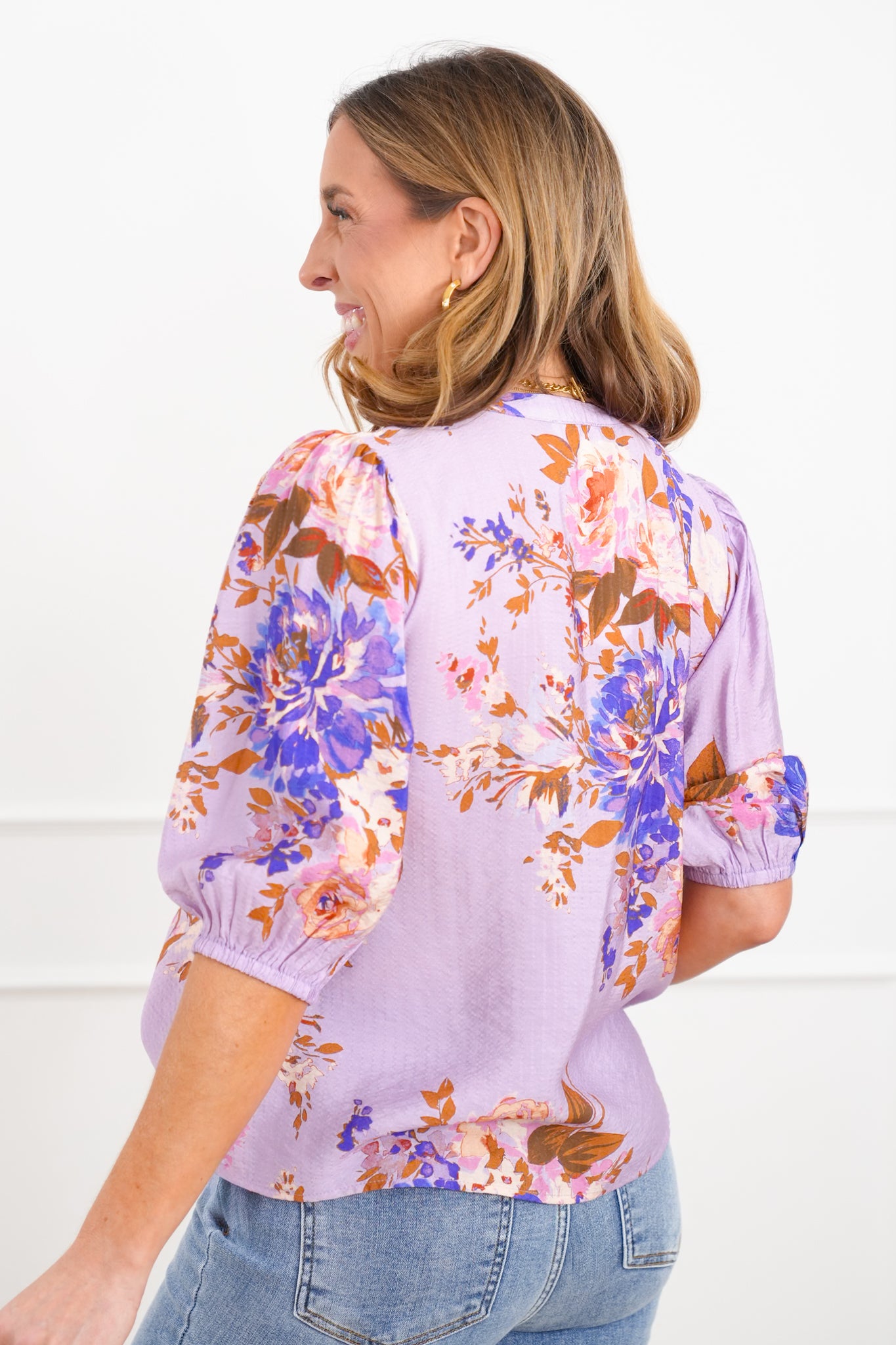 Plus/Reg Floral Print Half Sleeve Split Neck Blouse