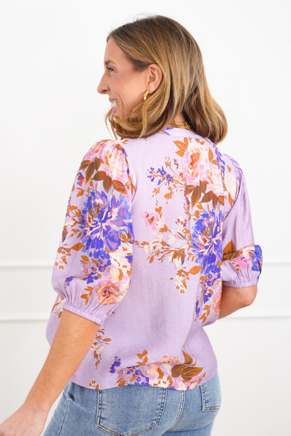 Plus/Reg Floral Print Half Sleeve Split Neck Blouse