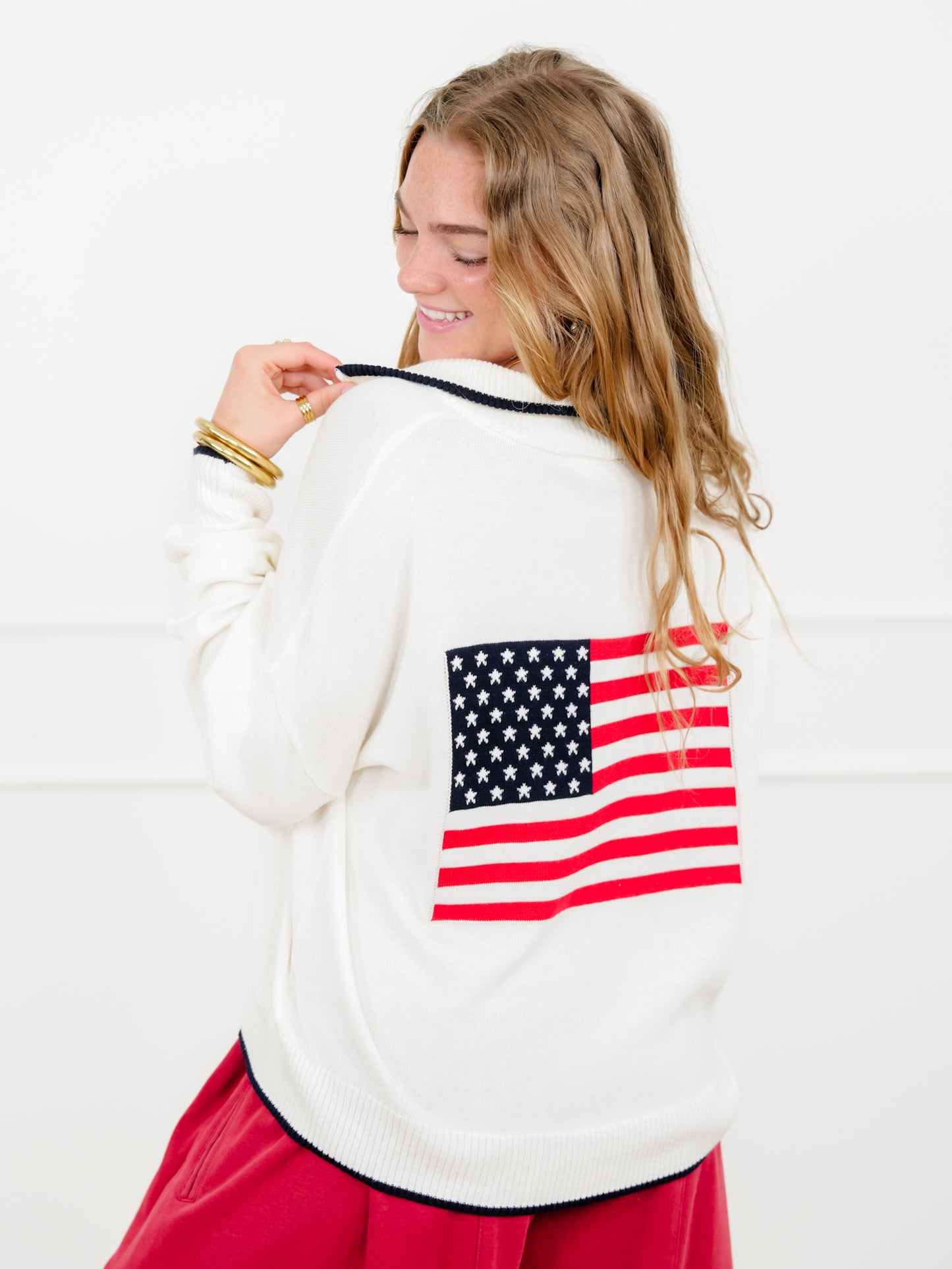 Knit Long Sleeve "USA" Quarter Zip Up Sweater