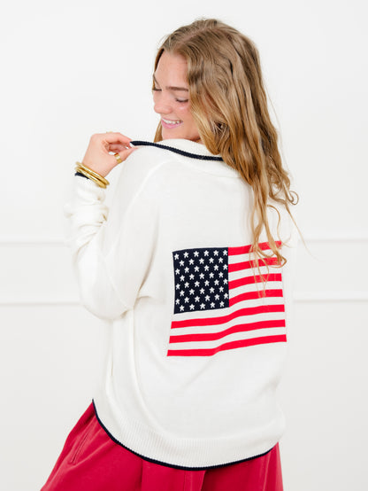 Knit Long Sleeve "USA" Quarter Zip Up Sweater