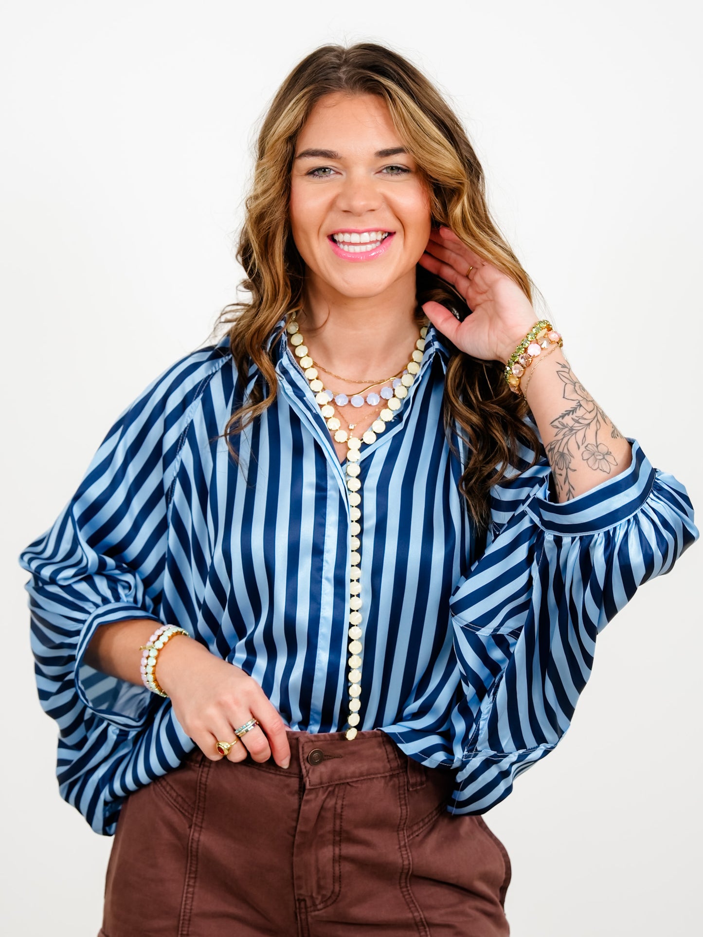 Stripe Long Dolman Sleeve Button Down Hi-Lo Top