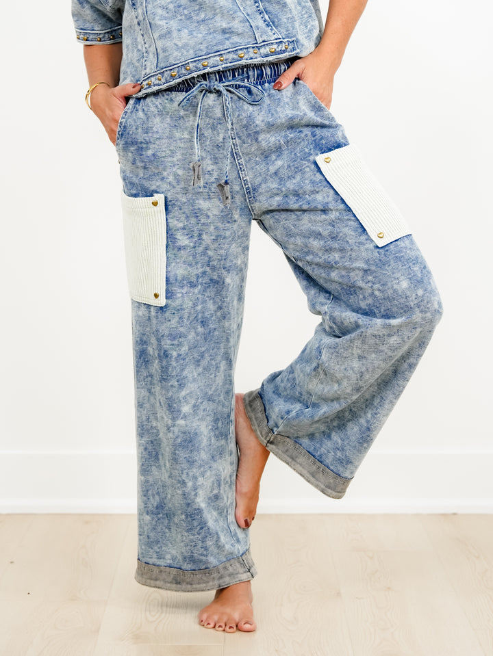 POL Mineral Wash Elastic Waist Pants with Ribbed Patch Pockets - Freckled Poppy