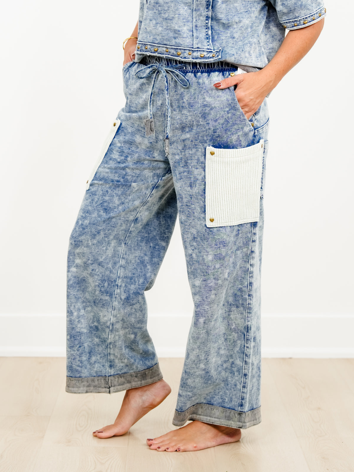 POL Mineral Wash Elastic Waist Pants with Ribbed Patch Pockets - Freckled Poppy