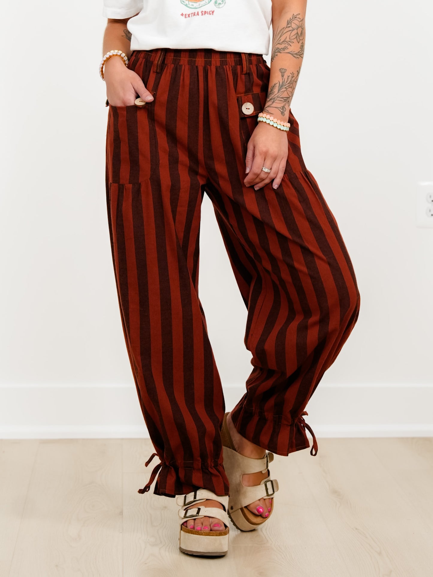 Plus/Reg Striped Elastic Waist Wide Leg Pants With Tiered Panels