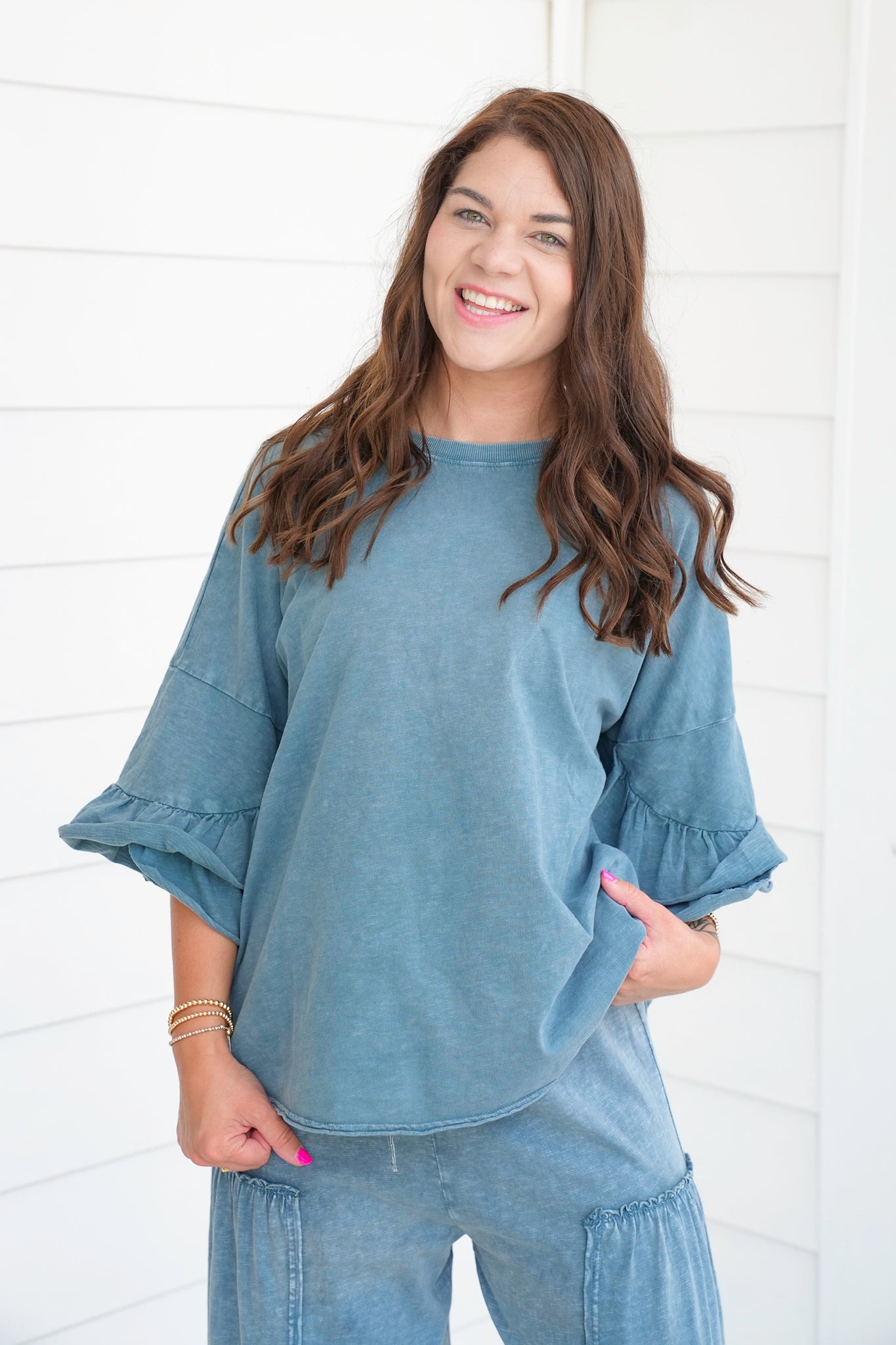Teal Mineral Wash Ruffle Sleeve Top