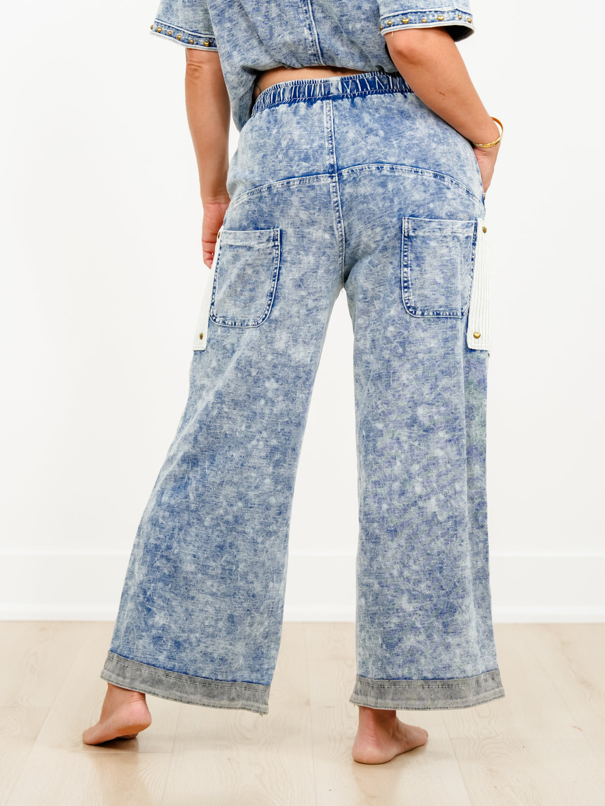 POL Mineral Wash Elastic Waist Pants with Ribbed Patch Pockets - Freckled Poppy