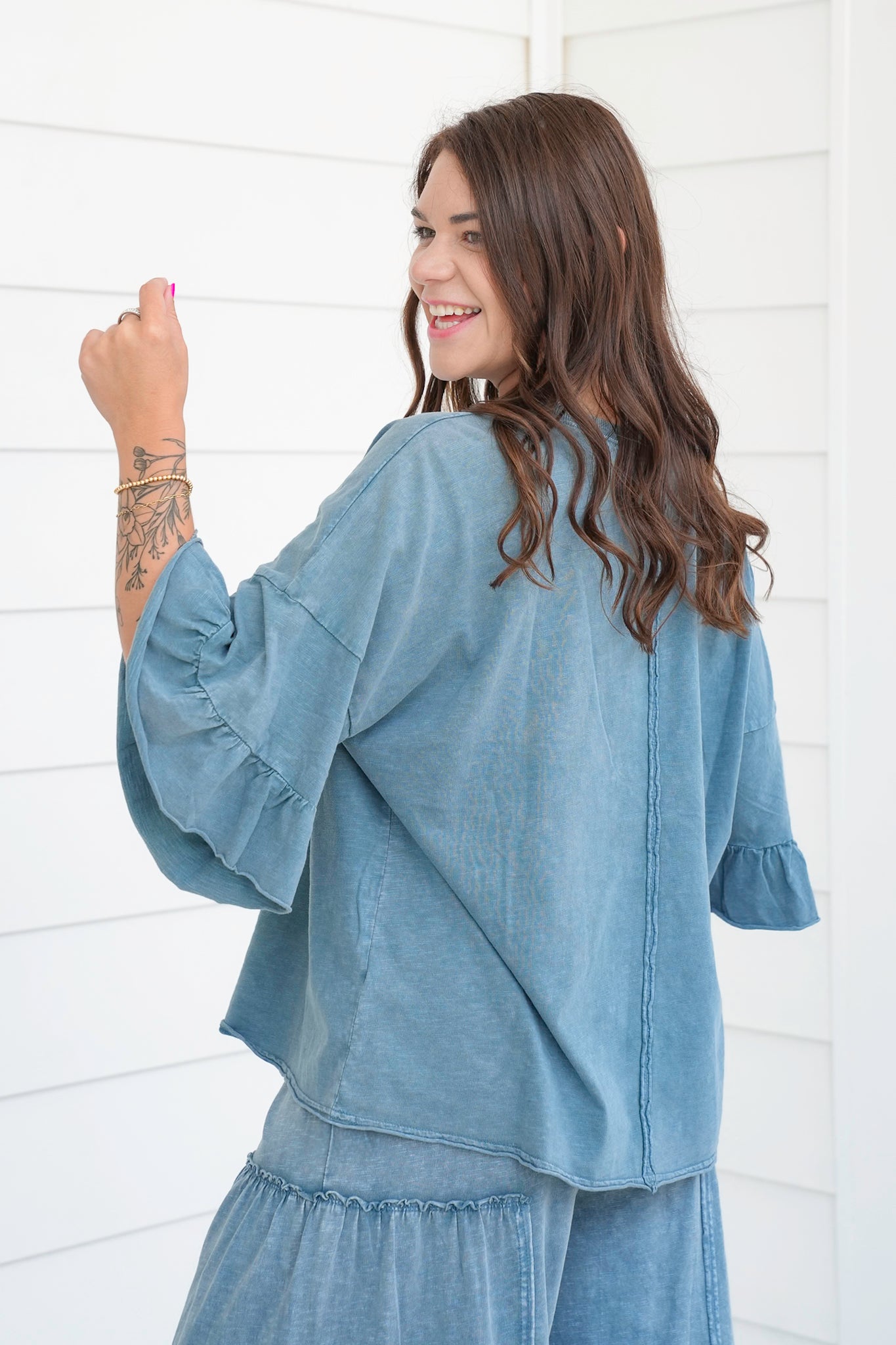 Teal Mineral Wash Ruffle Sleeve Top