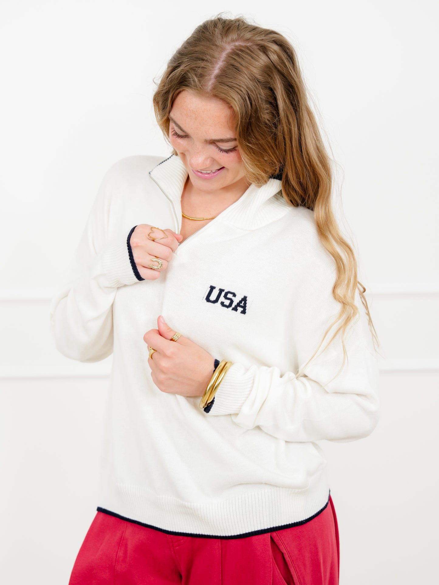 Knit Long Sleeve "USA" Quarter Zip Up Sweater