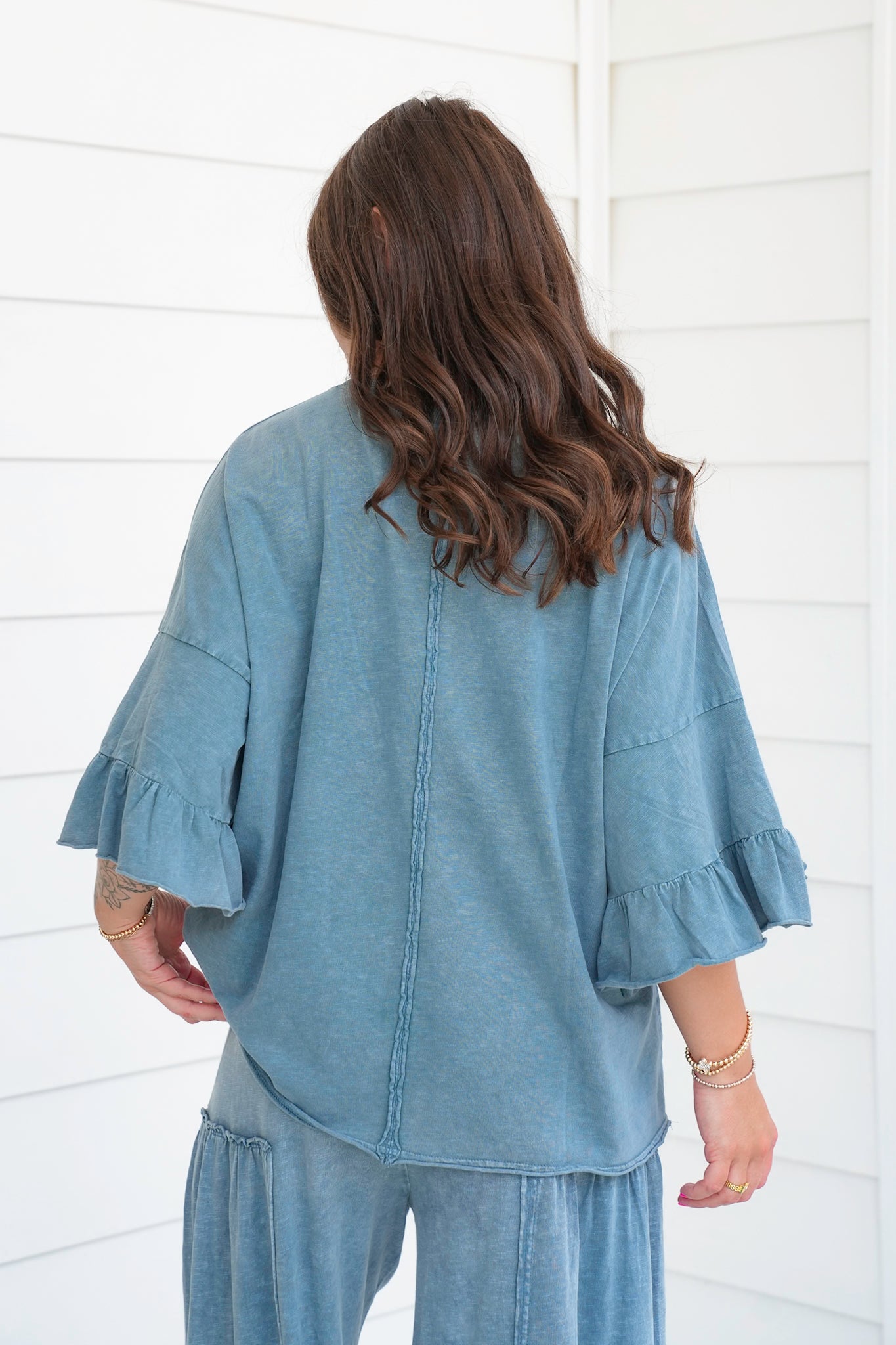Teal Mineral Wash Ruffle Sleeve Top