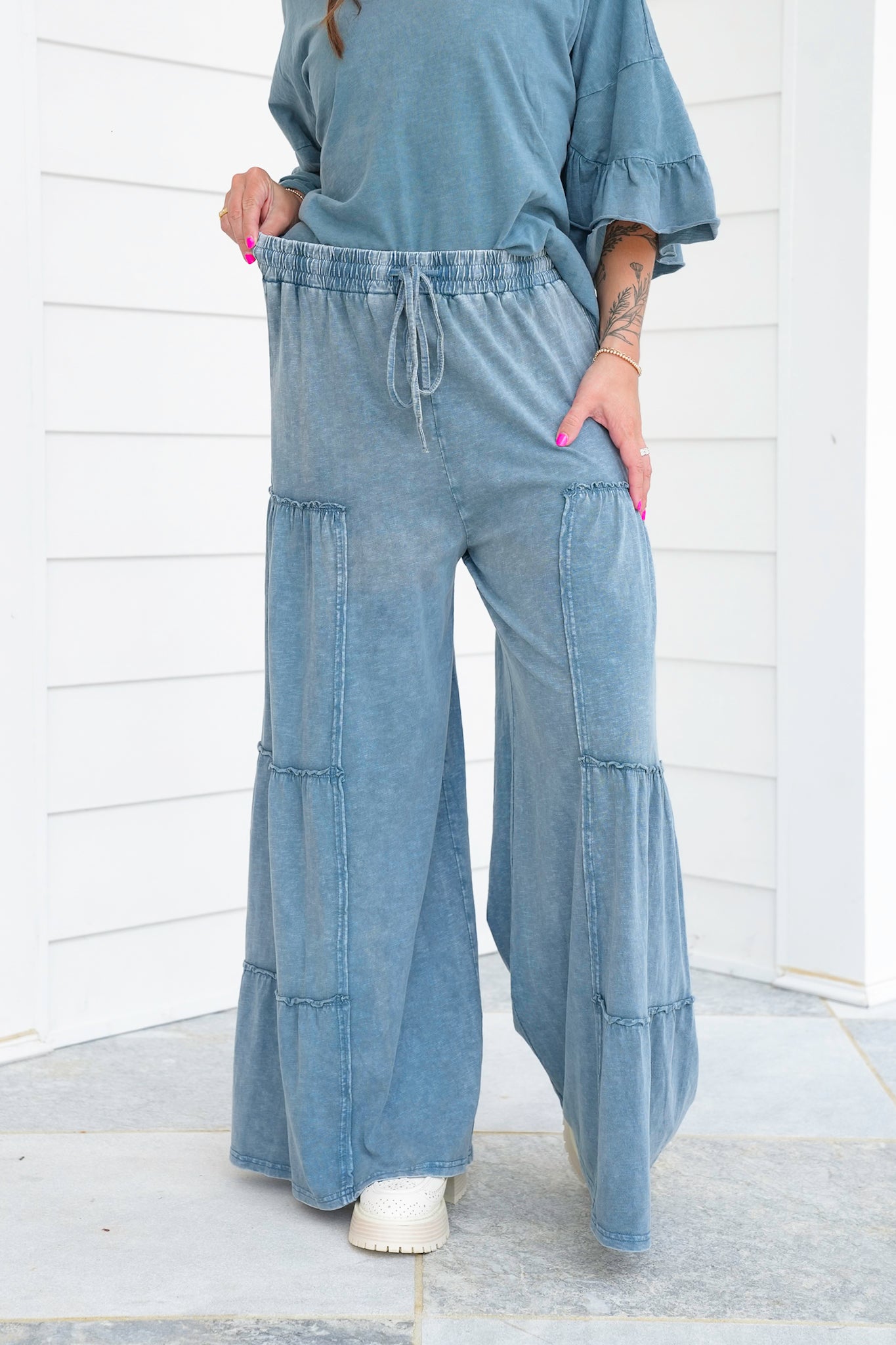 Teal Mineral Wash Elastic Waist Wide Leg Tiered Pants