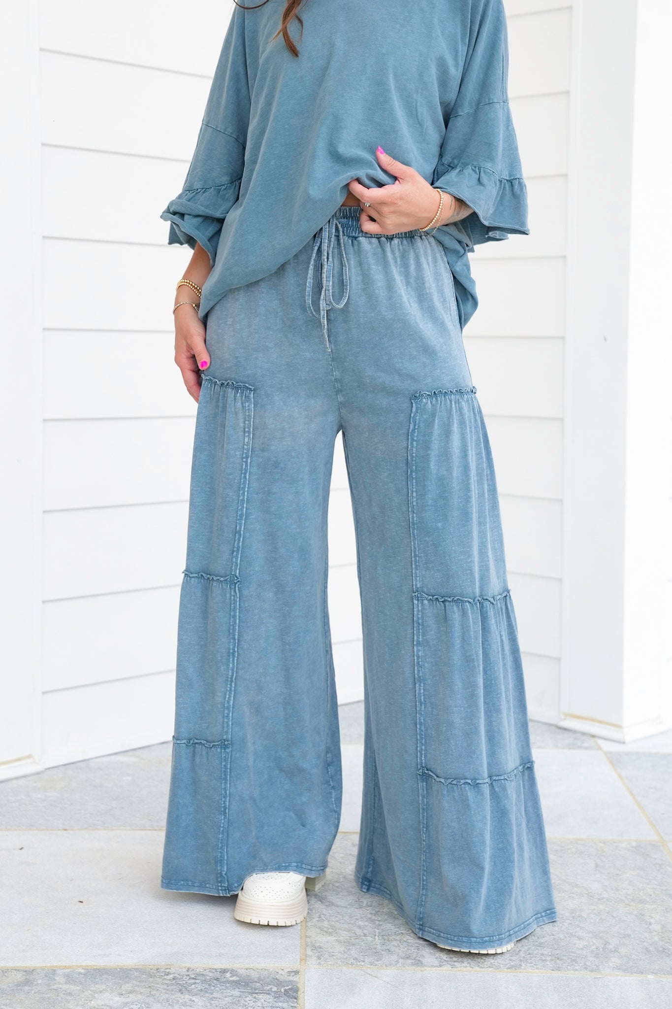 Teal Mineral Wash Elastic Waist Wide Leg Tiered Pants