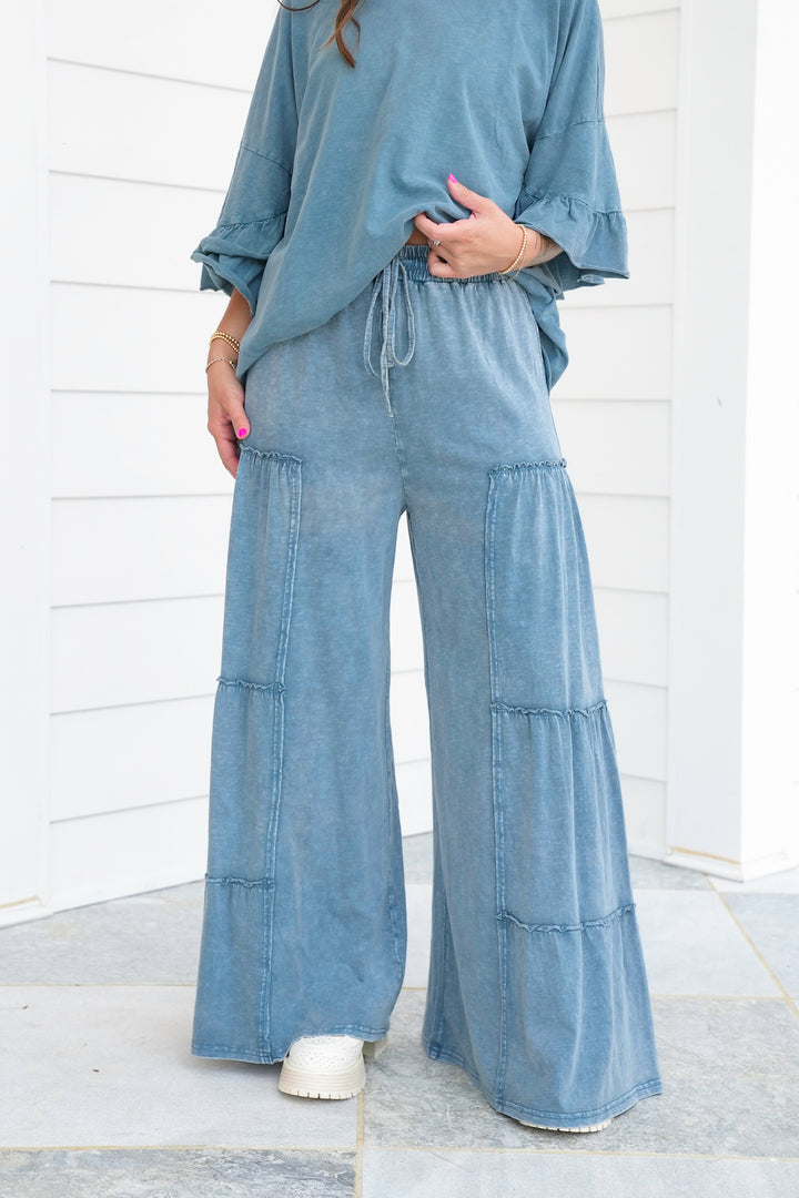 Teal Mineral Wash Elastic Waist Wide Leg Tiered Pants