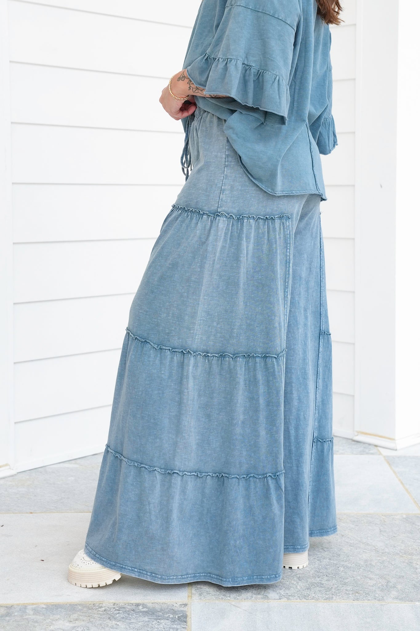 Teal Mineral Wash Elastic Waist Wide Leg Tiered Pants