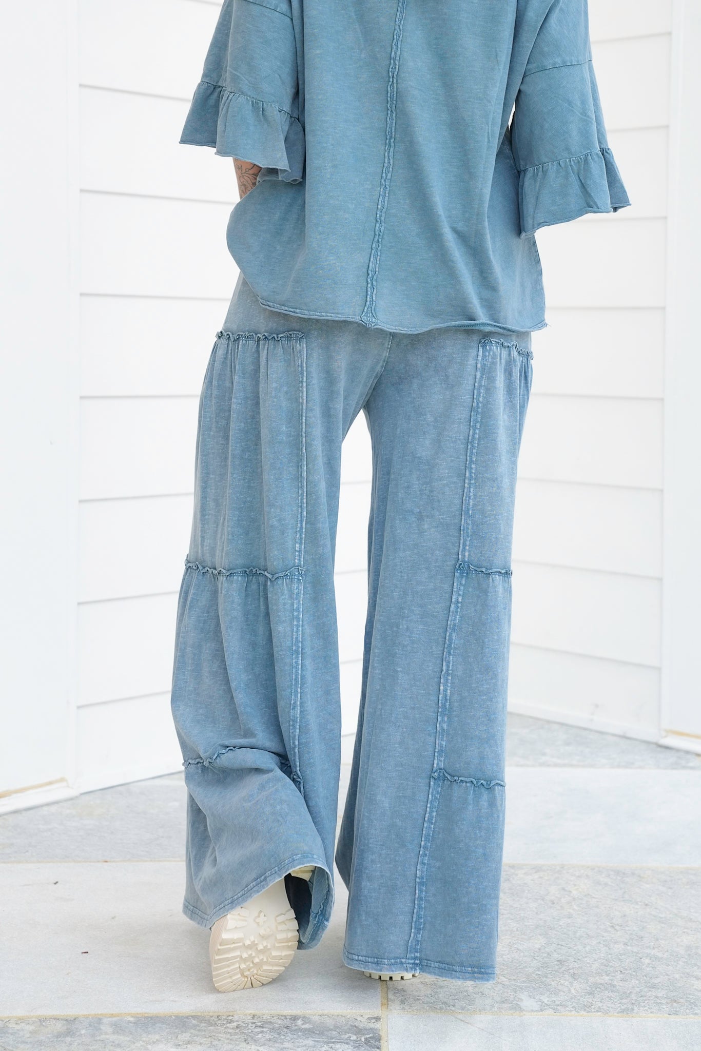 Teal Mineral Wash Elastic Waist Wide Leg Tiered Pants
