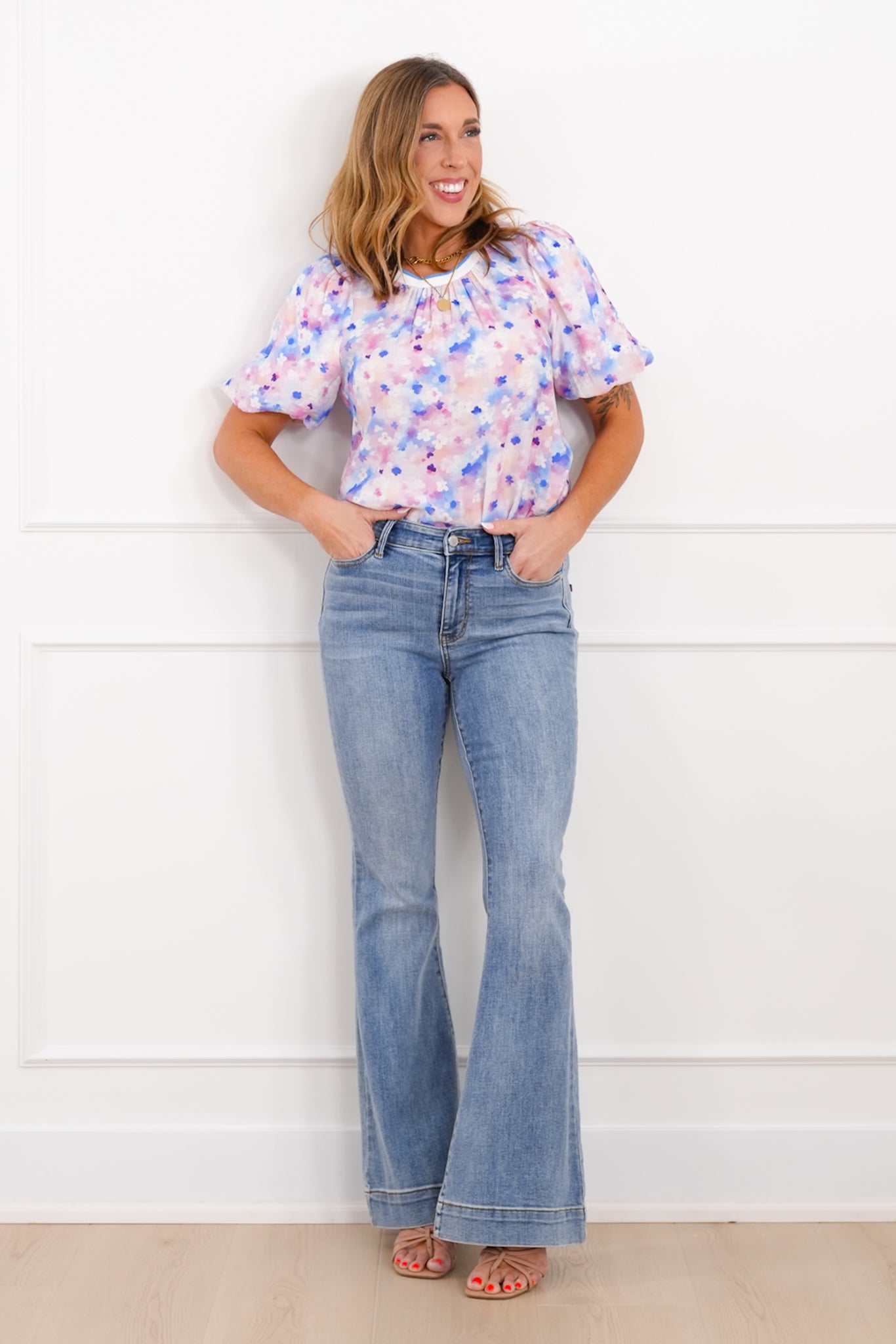 Floral Printed Short Bubble Sleeve Top