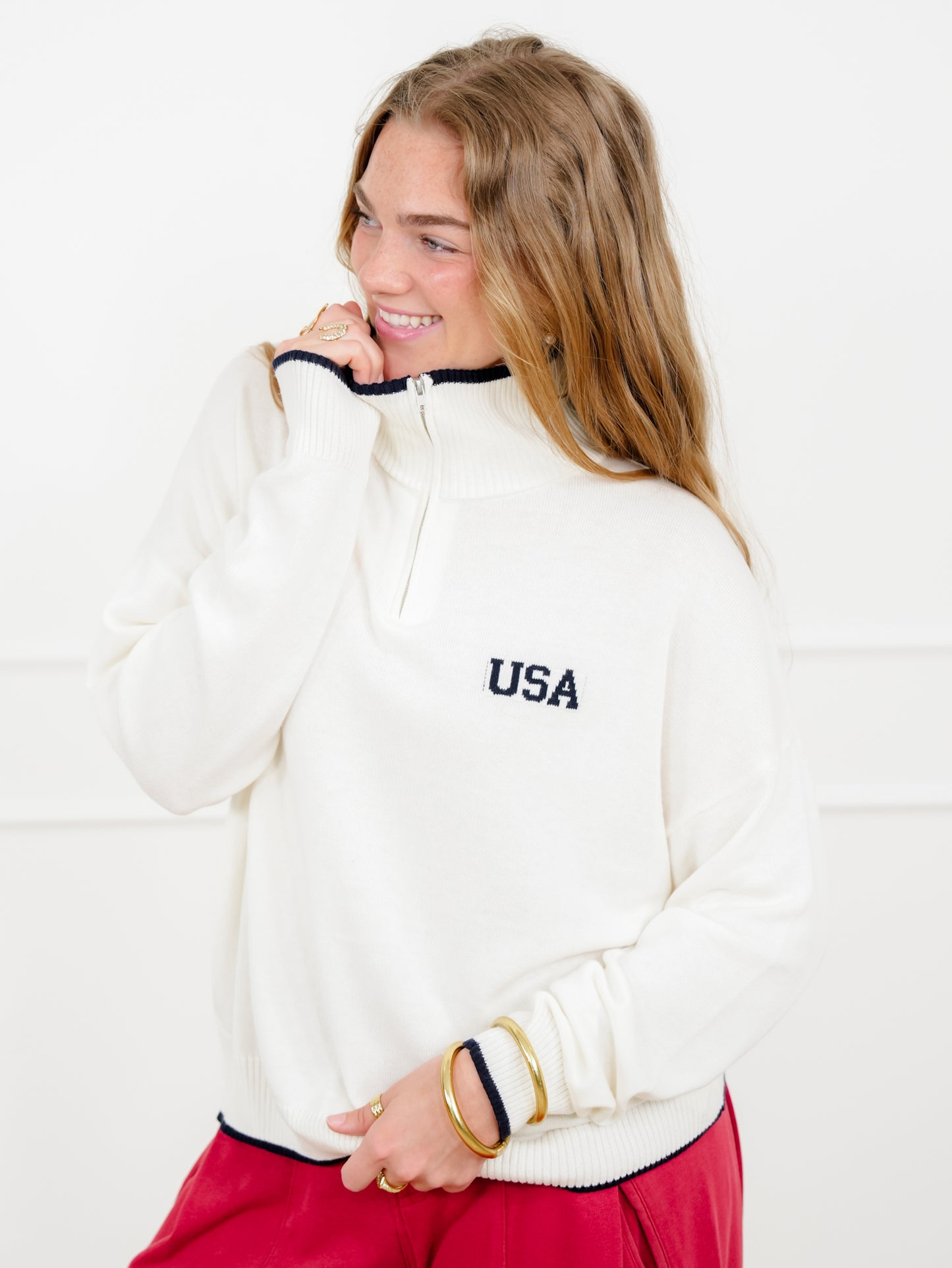 Knit Long Sleeve "USA" Quarter Zip Up Sweater