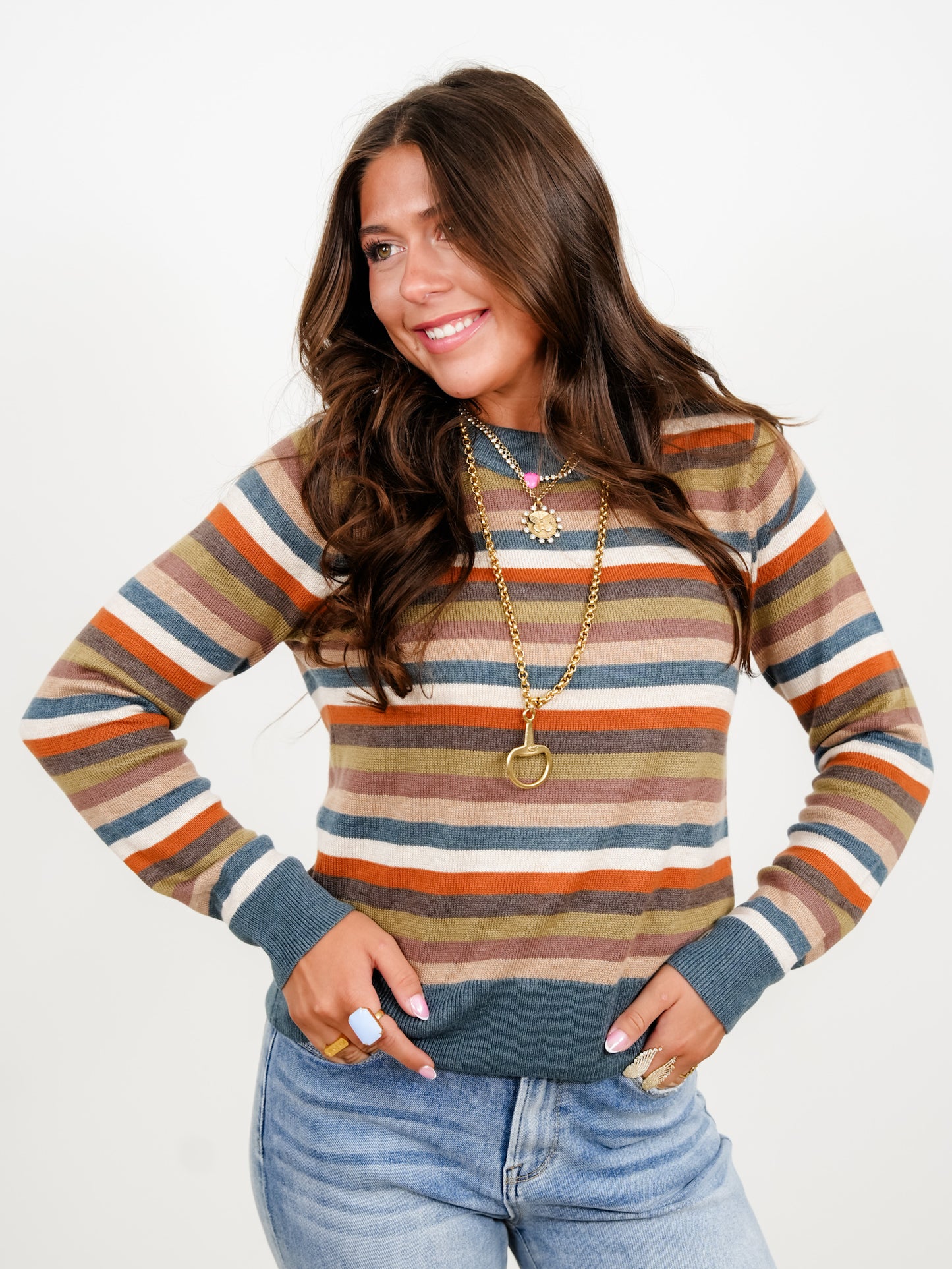 Plus/Reg Multi Color Stripe Crew Neck Long Sleeve Sweater