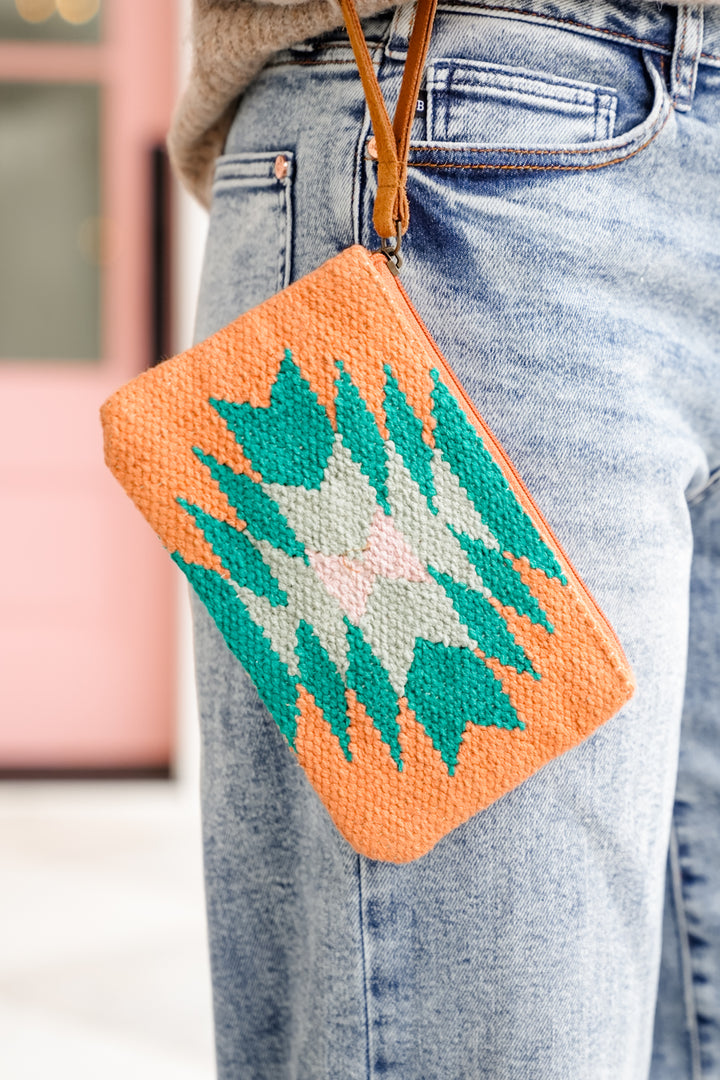 Orange, Green & Pink Aztec Wristlet
