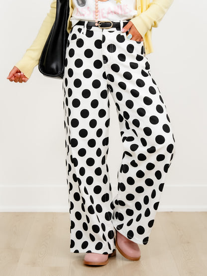 Plus/Reg Polka Dot High Waist Wide Leg Pants