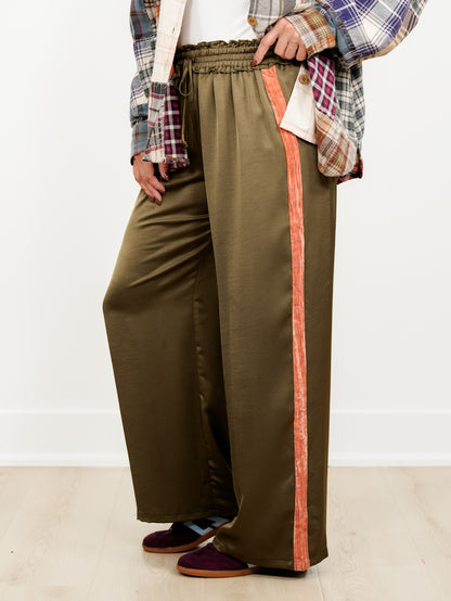 Elastic Waist Wide Leg Pants with Velvet Side Stripe