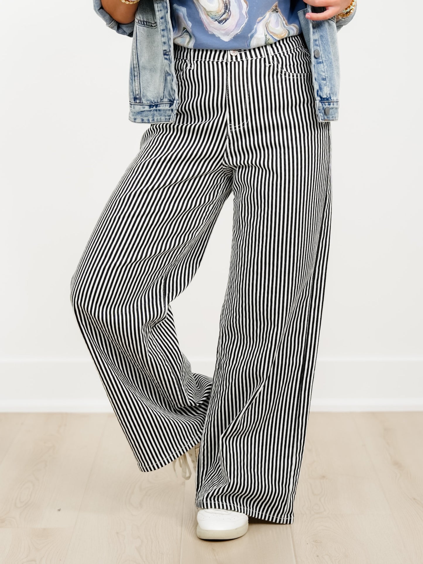 Plus/Reg Stripe High Waist Wide Leg Pants