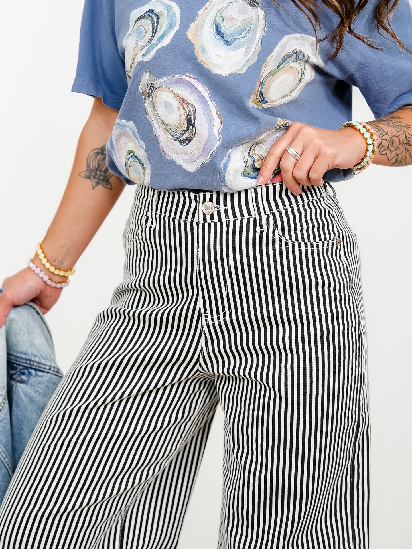 Plus/Reg Stripe High Waist Wide Leg Pants