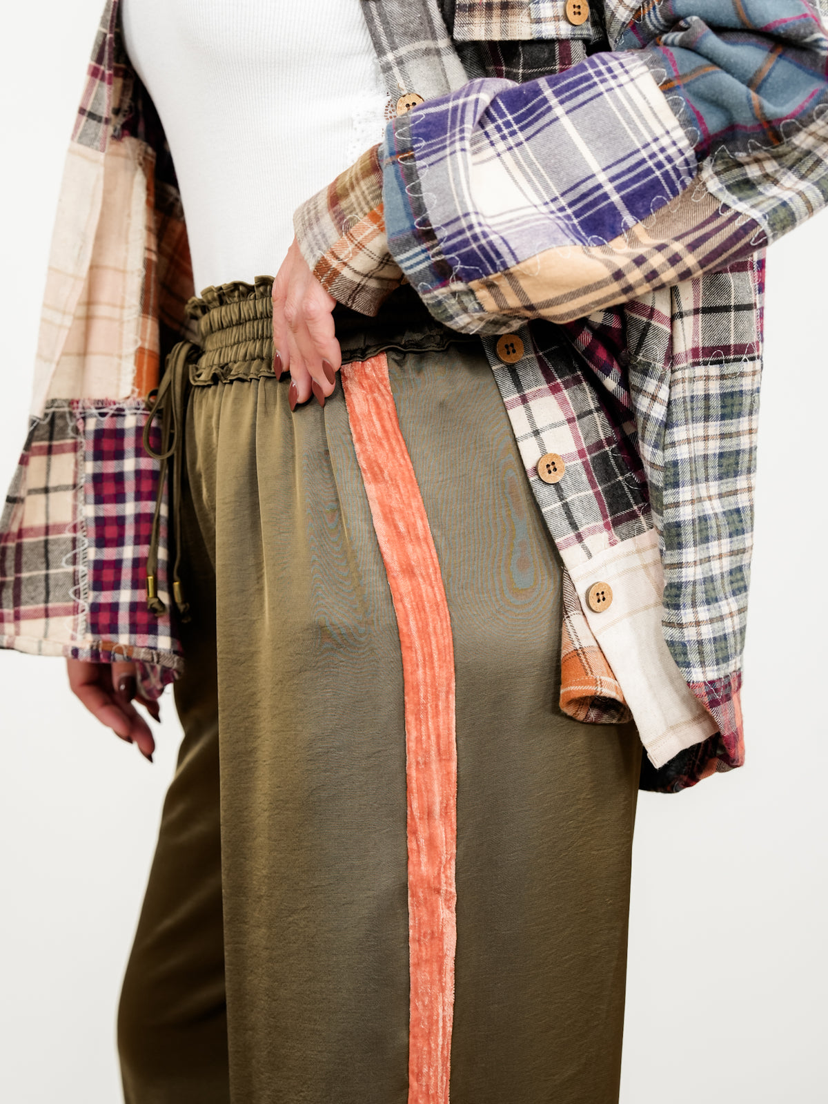 Elastic Waist Wide Leg Pants with Velvet Side Stripe
