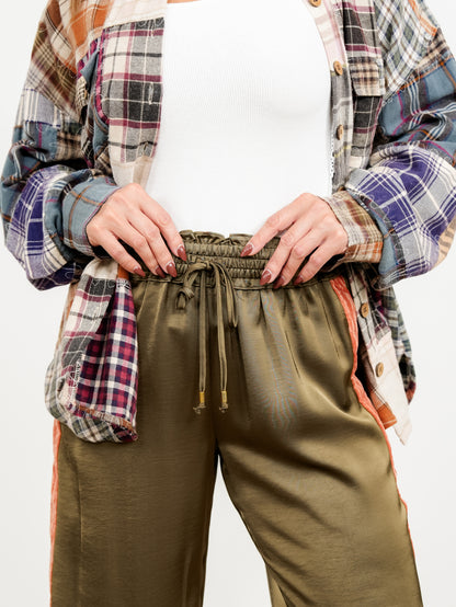 Elastic Waist Wide Leg Pants with Velvet Side Stripe