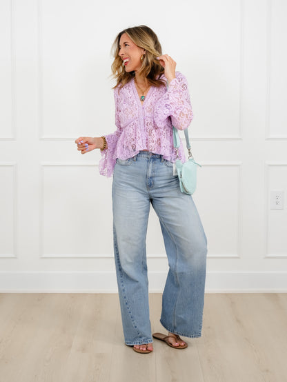 Floral Lace Long Sleeve V Neck Blouse