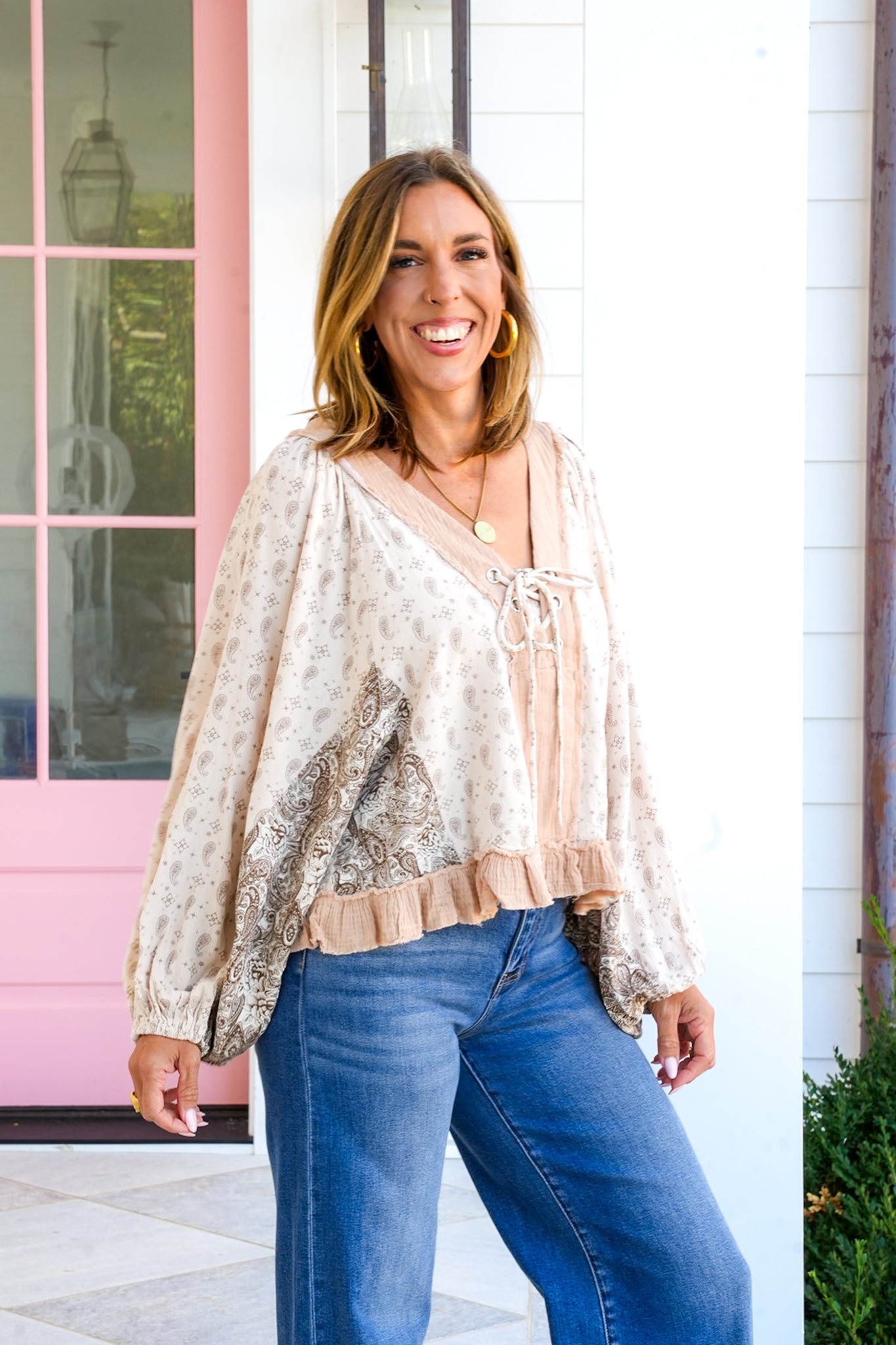 POL Paisley Print Long Sleeve V Neck Top