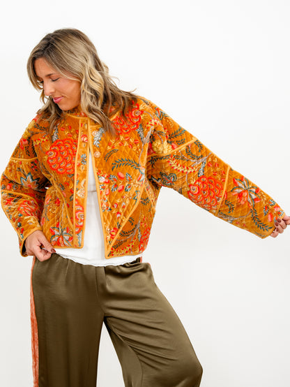 POL Floral Quilted Velvet Button Down Jacket