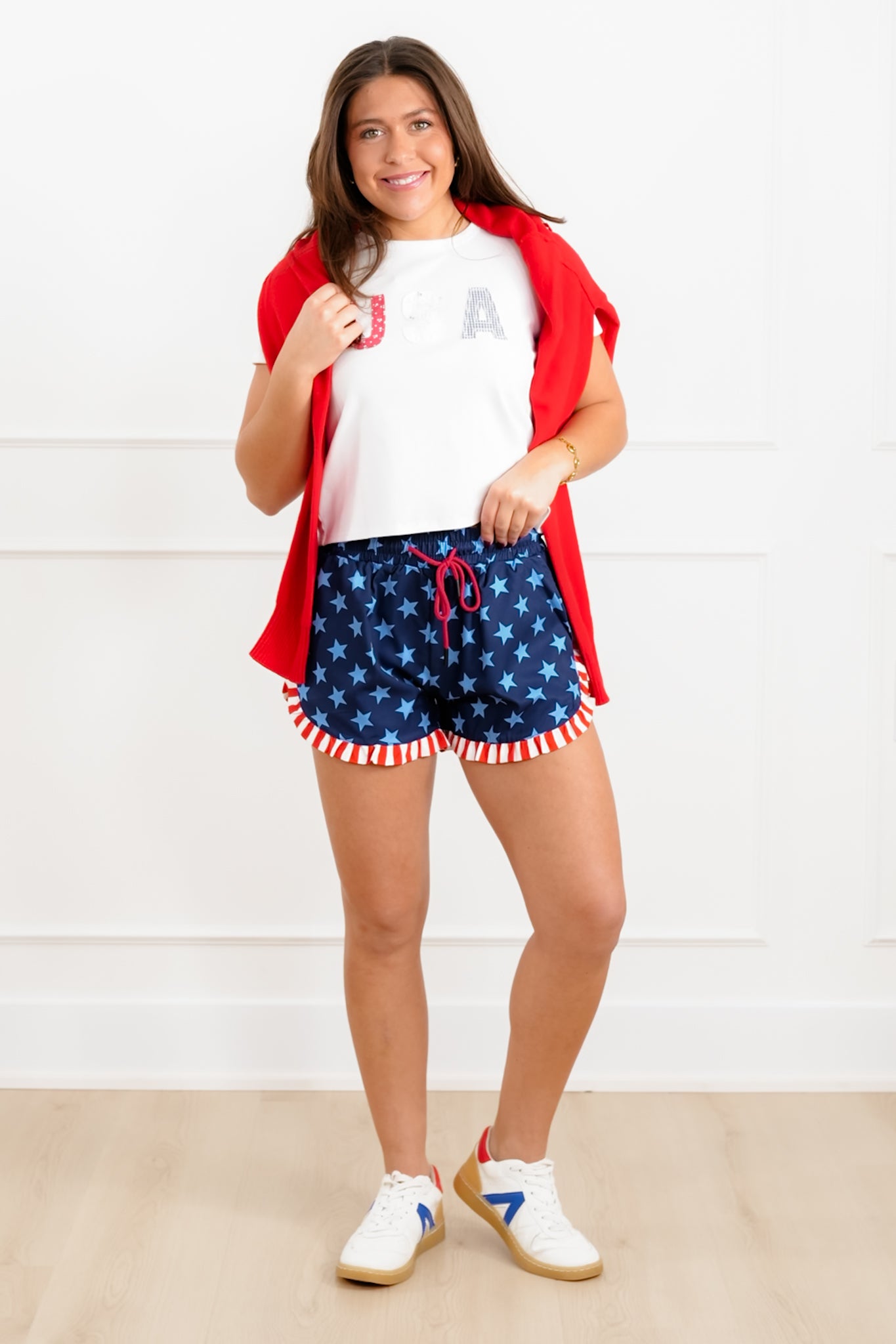 Plus/Reg Star Print Shorts with Stripe Ruffle Detail