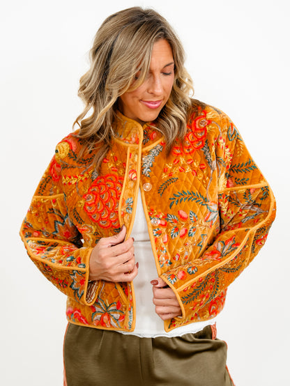 POL Floral Quilted Velvet Button Down Jacket