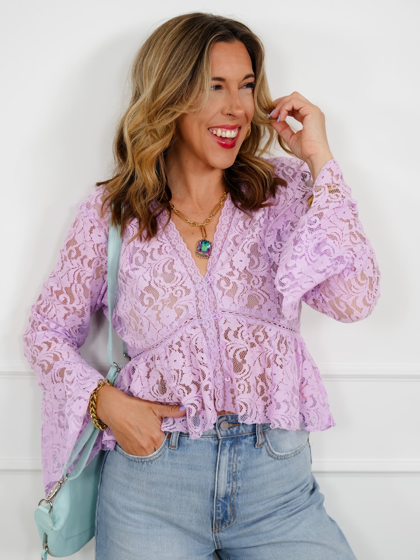 Floral Lace Long Sleeve V Neck Blouse