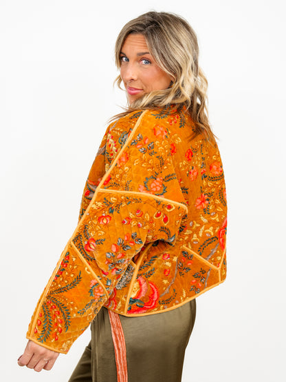 POL Floral Quilted Velvet Button Down Jacket