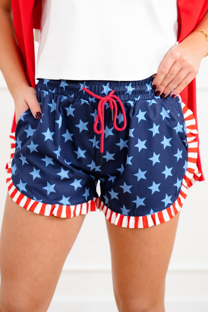 Plus/Reg Star Print Shorts with Stripe Ruffle Detail
