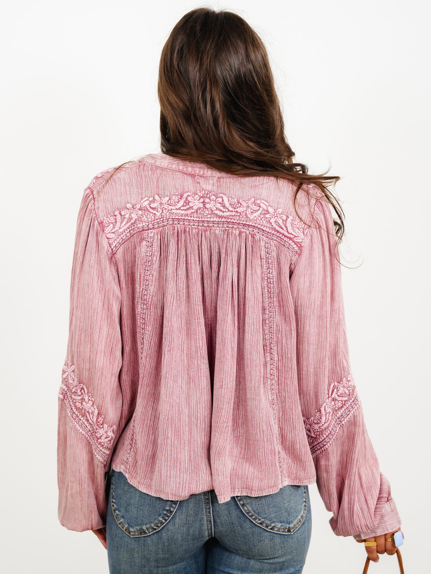 POL Embroidered Long Sleeve V-Neck Top