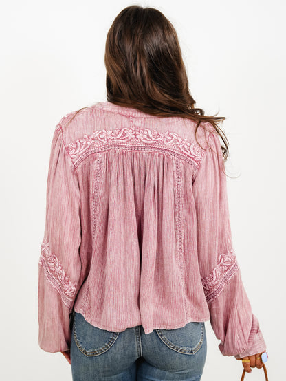 POL Embroidered Long Sleeve V-Neck Top